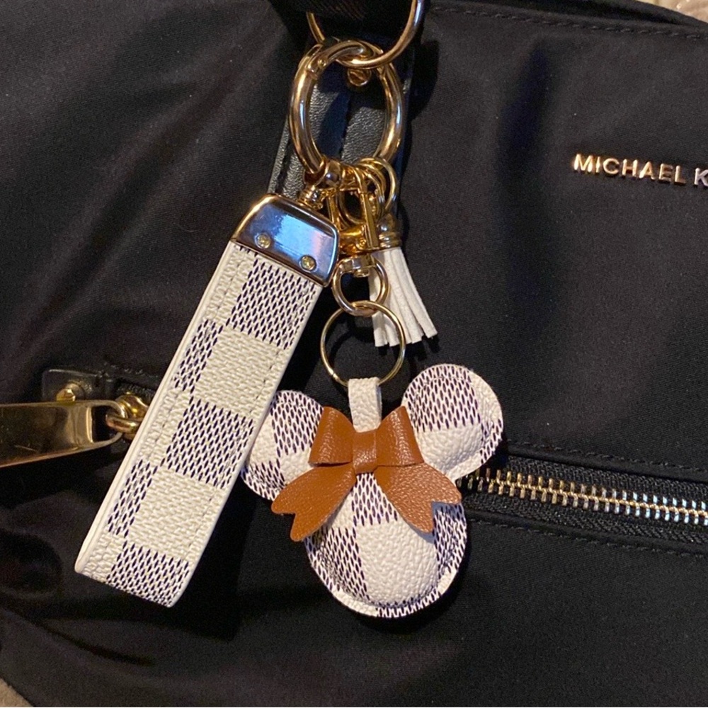 Minnie Mouse Lux Style Bag Charm or Key Chain Faux Leather with Gold Hardware